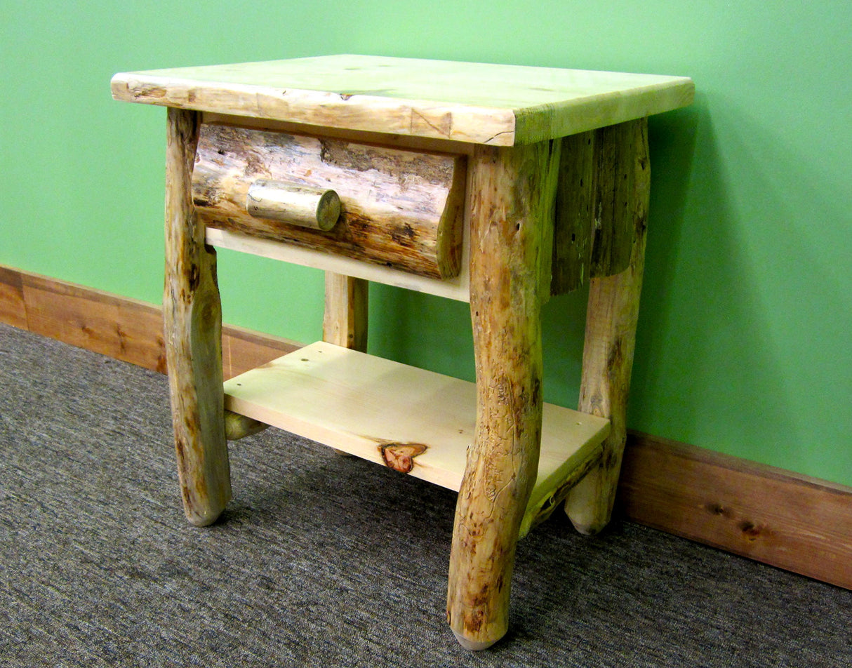 Rustic Pine Log Nightstand [1 Drawer] - Textured Light & Dark Brown/Dovetailed/Solid