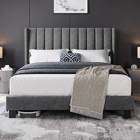 Queen Bed Frame Upholstered Platform Bed with Fabric Headboard,