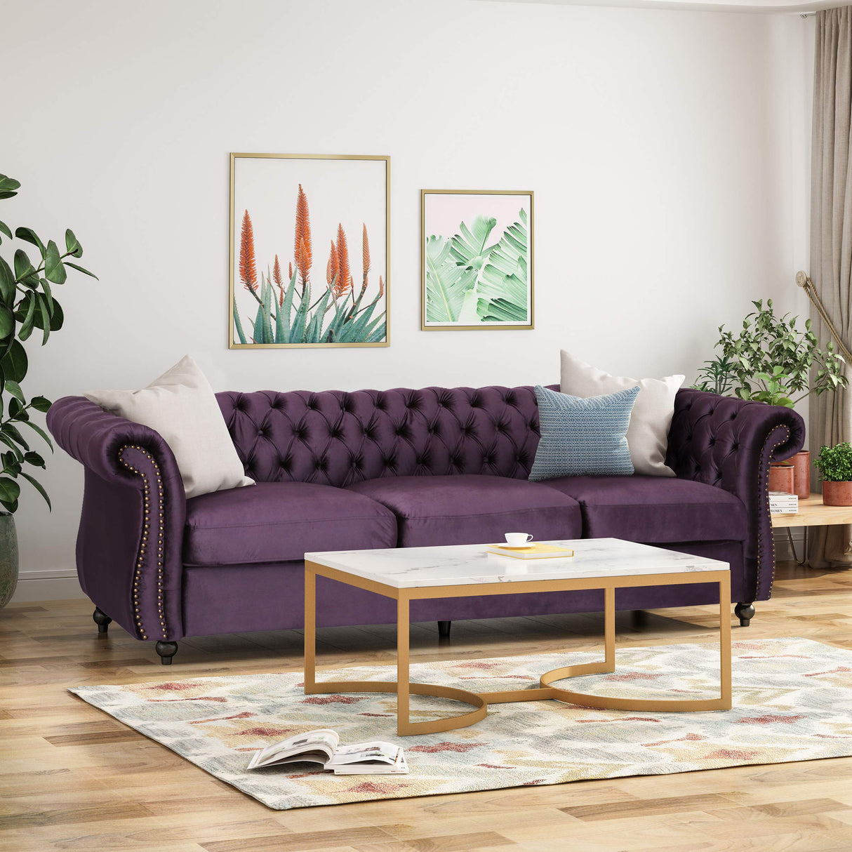 Tufted Jewel Toned Velvet Sofa with Scroll Arms, BlackBerry
