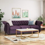 Tufted Jewel Toned Velvet Sofa with Scroll Arms, BlackBerry