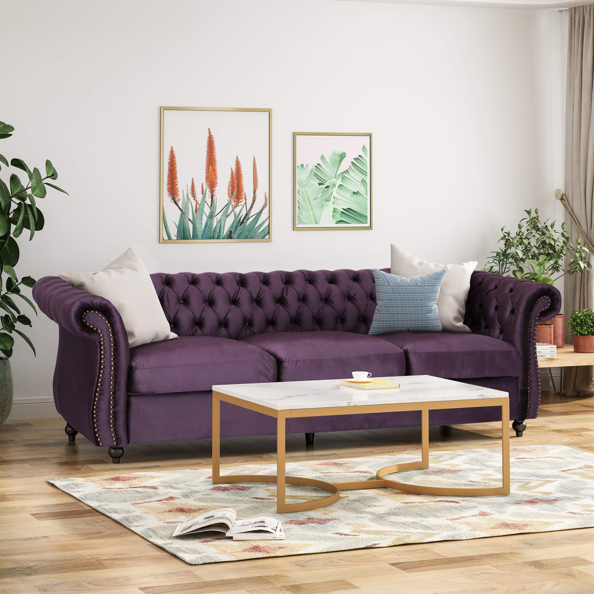 Tufted Jewel Toned Velvet Sofa with Scroll Arms, BlackBerry