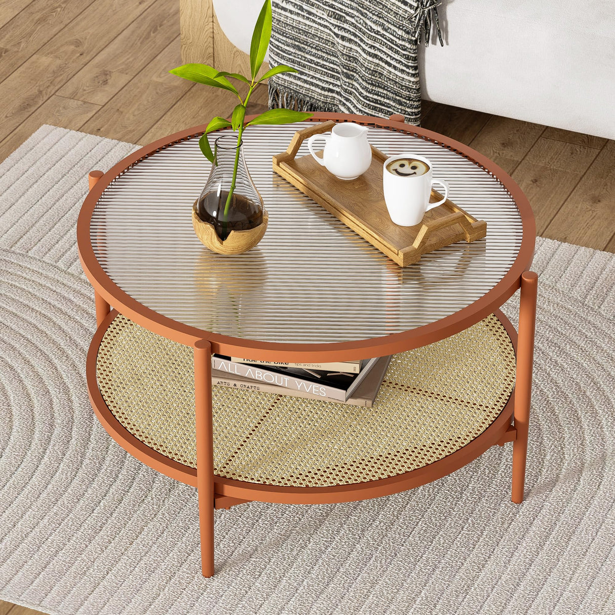 Brown Rattan Coffee Table, Round Mid Century Modern Coffee Table