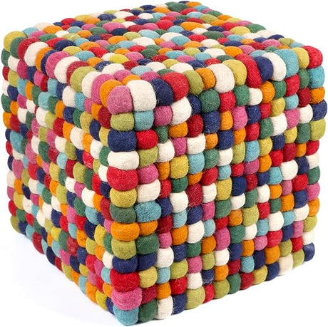 12 Inches Multi Colored Cube Felt Ball Ottoman Pouf for Living Room