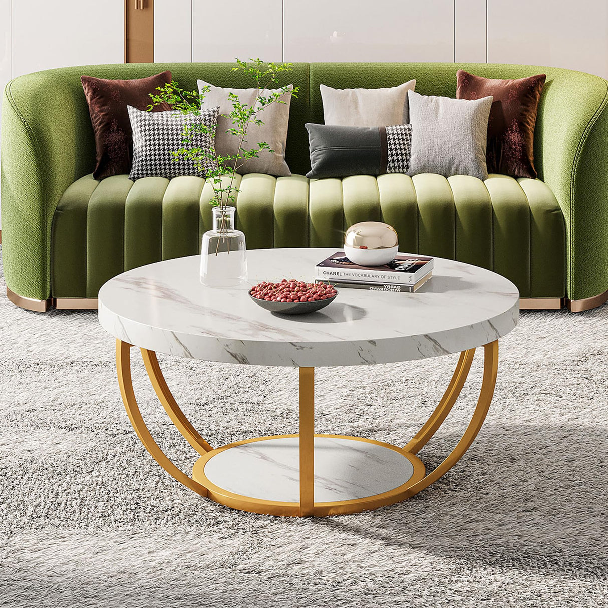 Tribesigns Modern Coffee Table, 2 Tier Round Coffee Table with Faux White Marble and Golden Metal Legs,