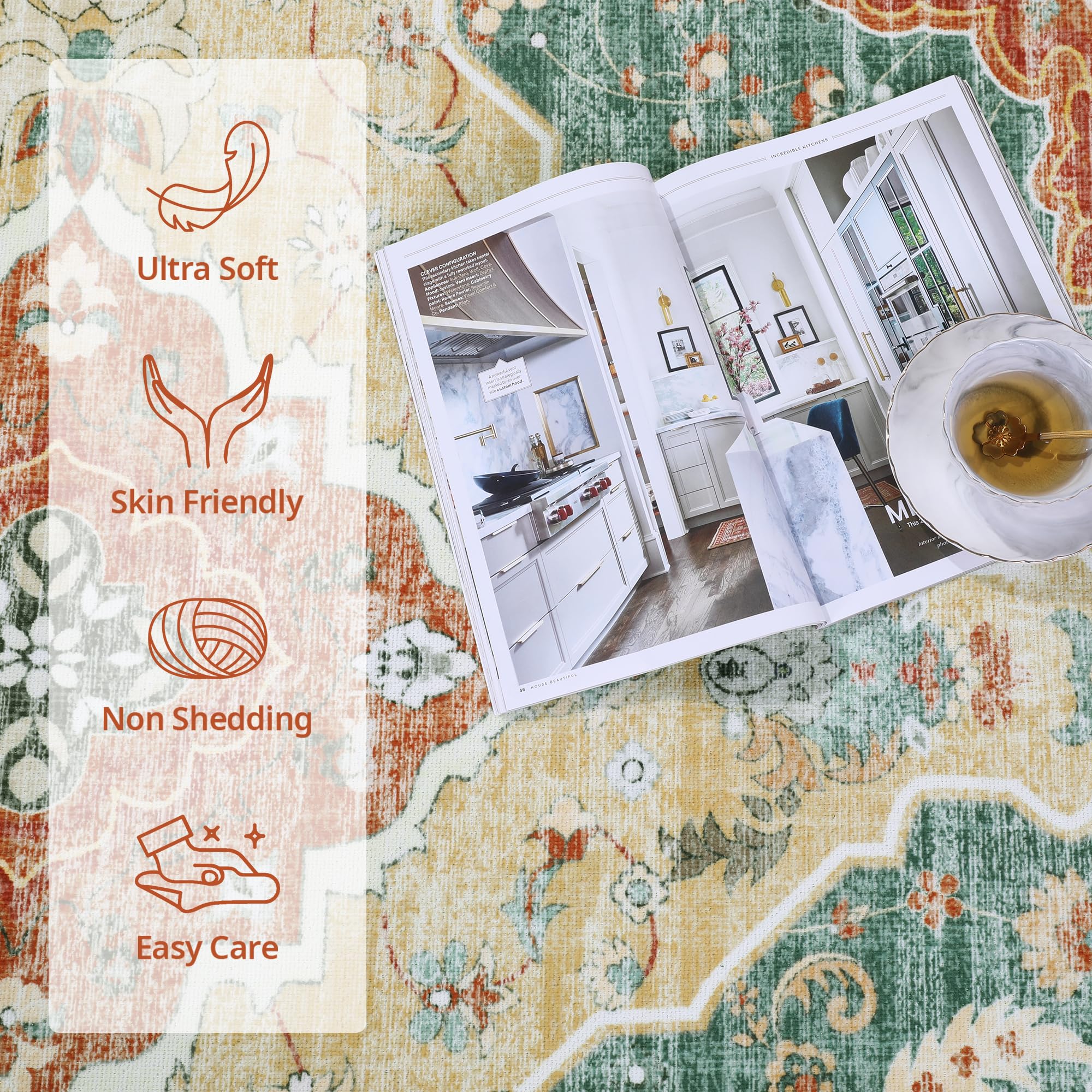 HOMBYS 10x14 Vintage Area Rug for Living Room Bedroom, Large Boho Floor Carpet with Non-Slip Backing for Indoor Office Dining Room, Traditional Home Deco Non-Shedding, Machine Washable