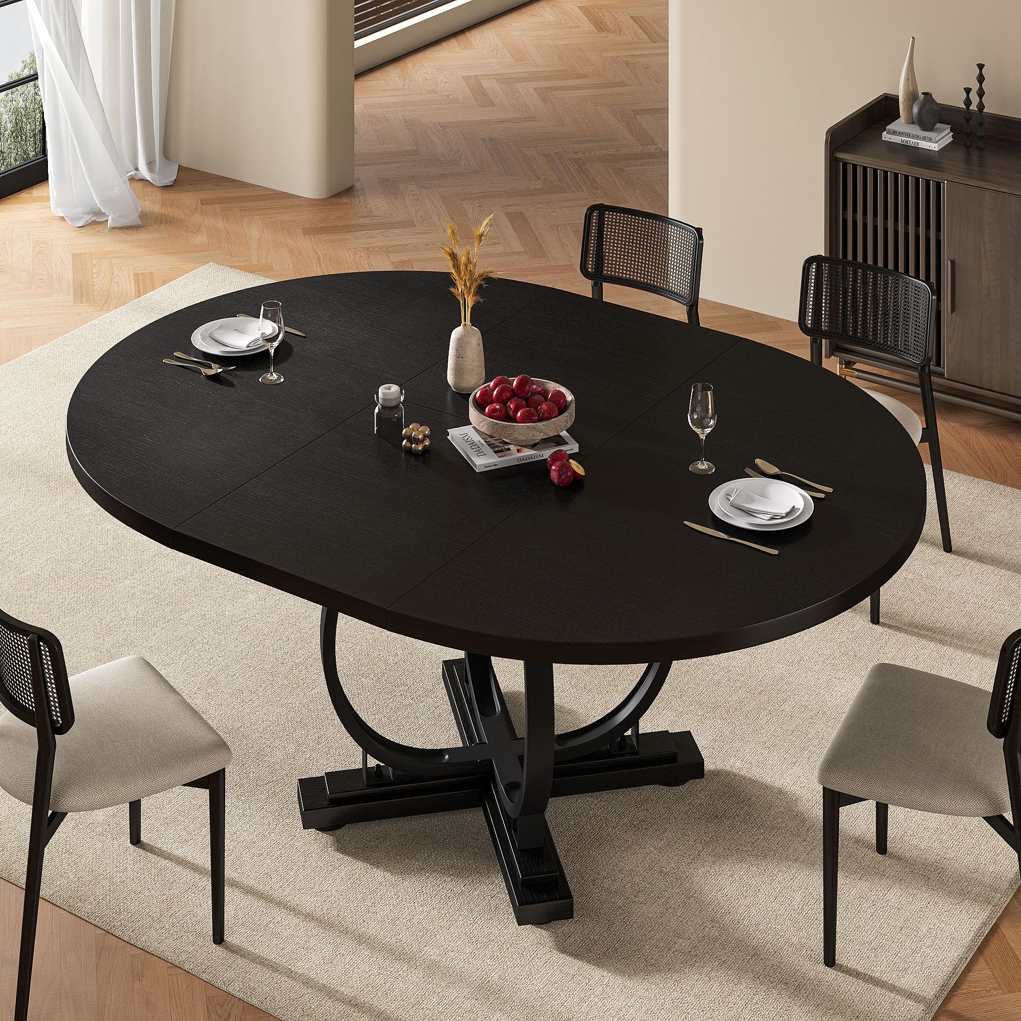 59" Round Extendable Dining Table for 4-6 People