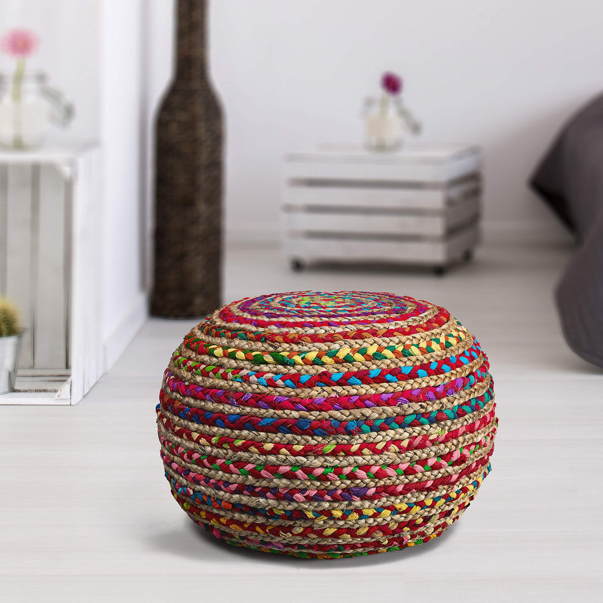 Boho Beauty Braided Pouf Ottoman, 14" x 20", Multicolor