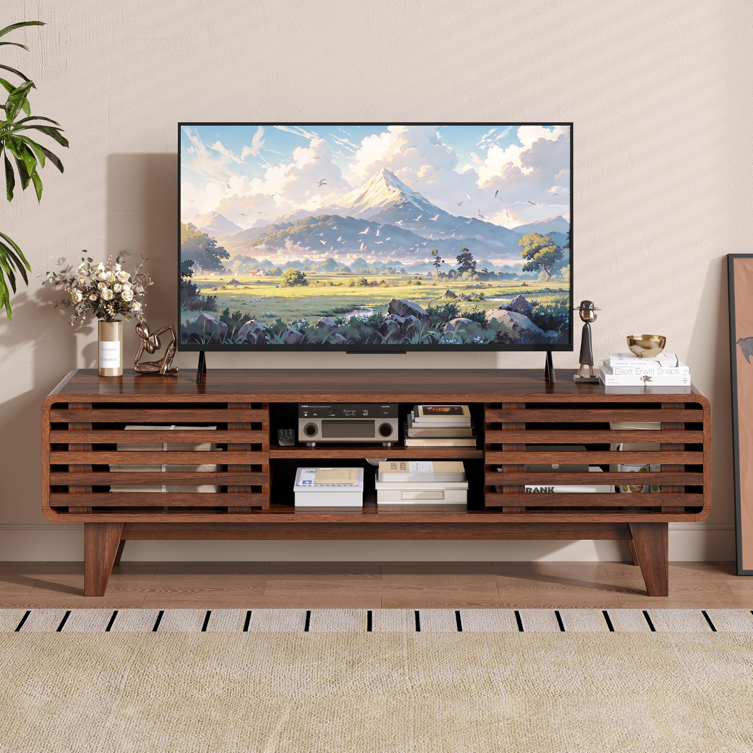 60-Inch Mid Century Modern TV Stand with Sliding Doors