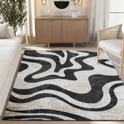 Beige Black Swirl Modern Area Rug – 4' x 6' – Contemporary Abstract Design – Terra Collection – Non-Shedding, Fade-Resistant, Easy to Clean – Durable for High Traffic Areas – Living Room & Bedroom