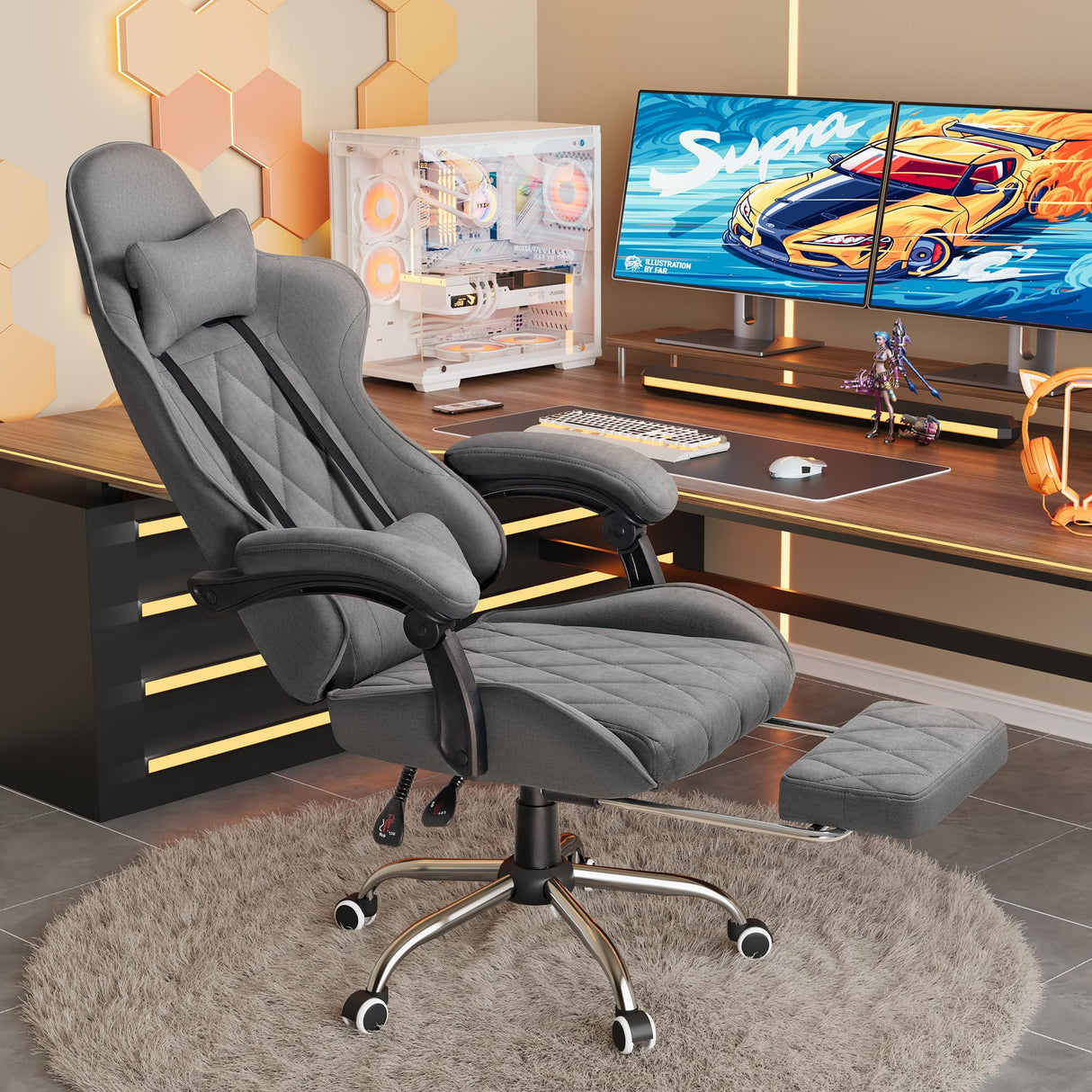 Gaming Chair, Video Game Chair with Footrest and Massage Lumbar Support Breathable