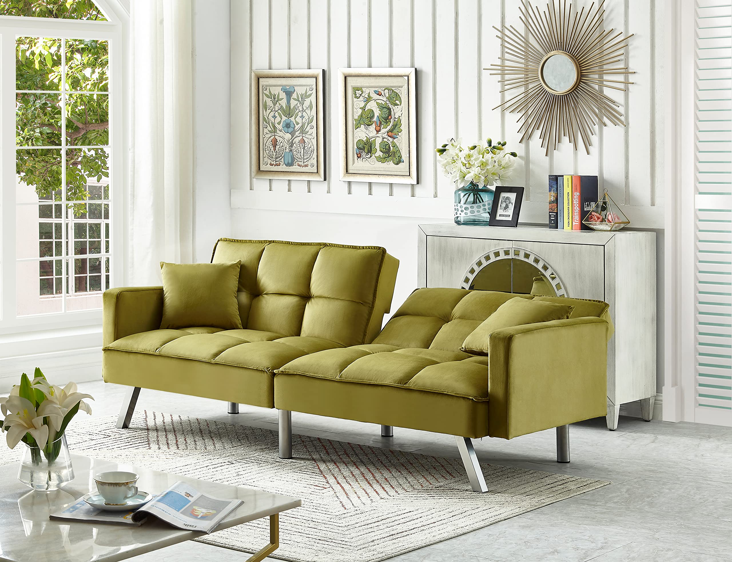 80'' Velvet Love seat Convertible Futon Two Pillows, Sleeper Couch