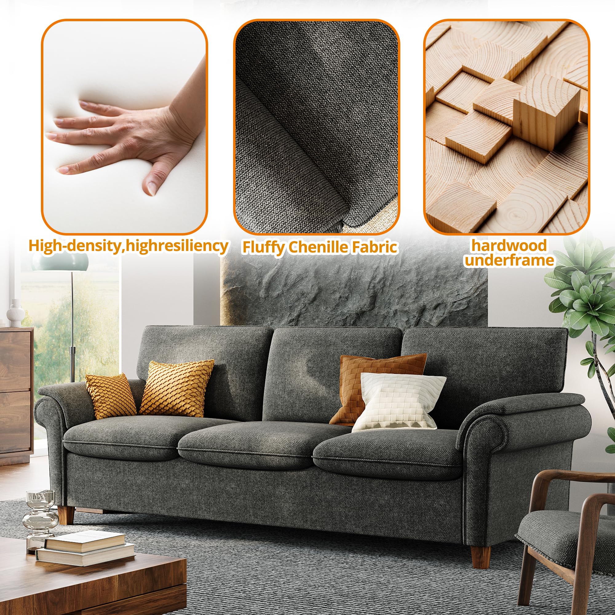 Sofa 89 Inch, Comfy Sofa Couch with USP Port, Extra Deep Seats Modern 3 Seater Sofa