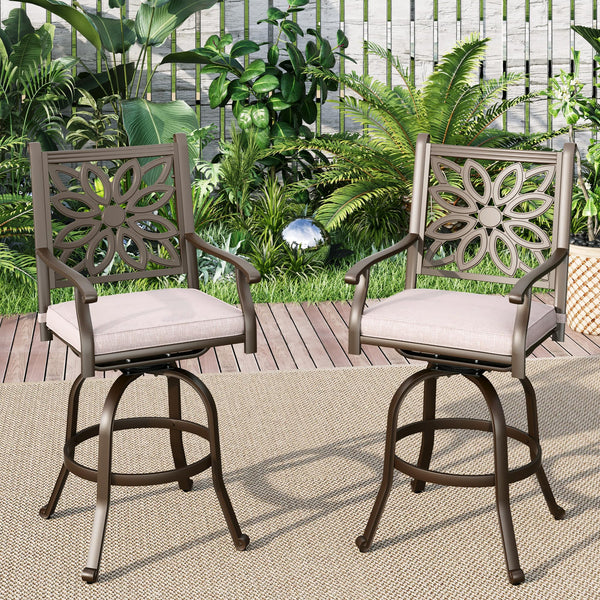 Cast Aluminum Patio Bar Chairs Set of 2, Bar Height Swivel Outdoor Bar Stools Chairs