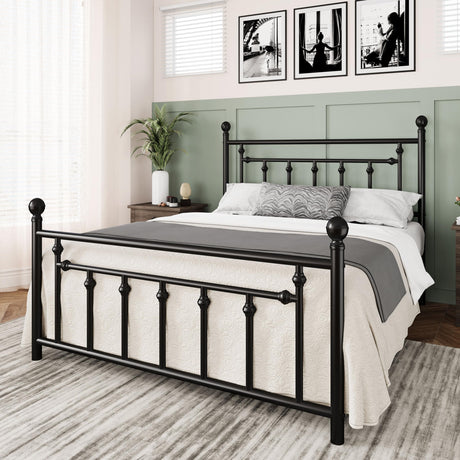 14 Inch Queen Size Metal Platform Bed Frame with Victorian Vintage