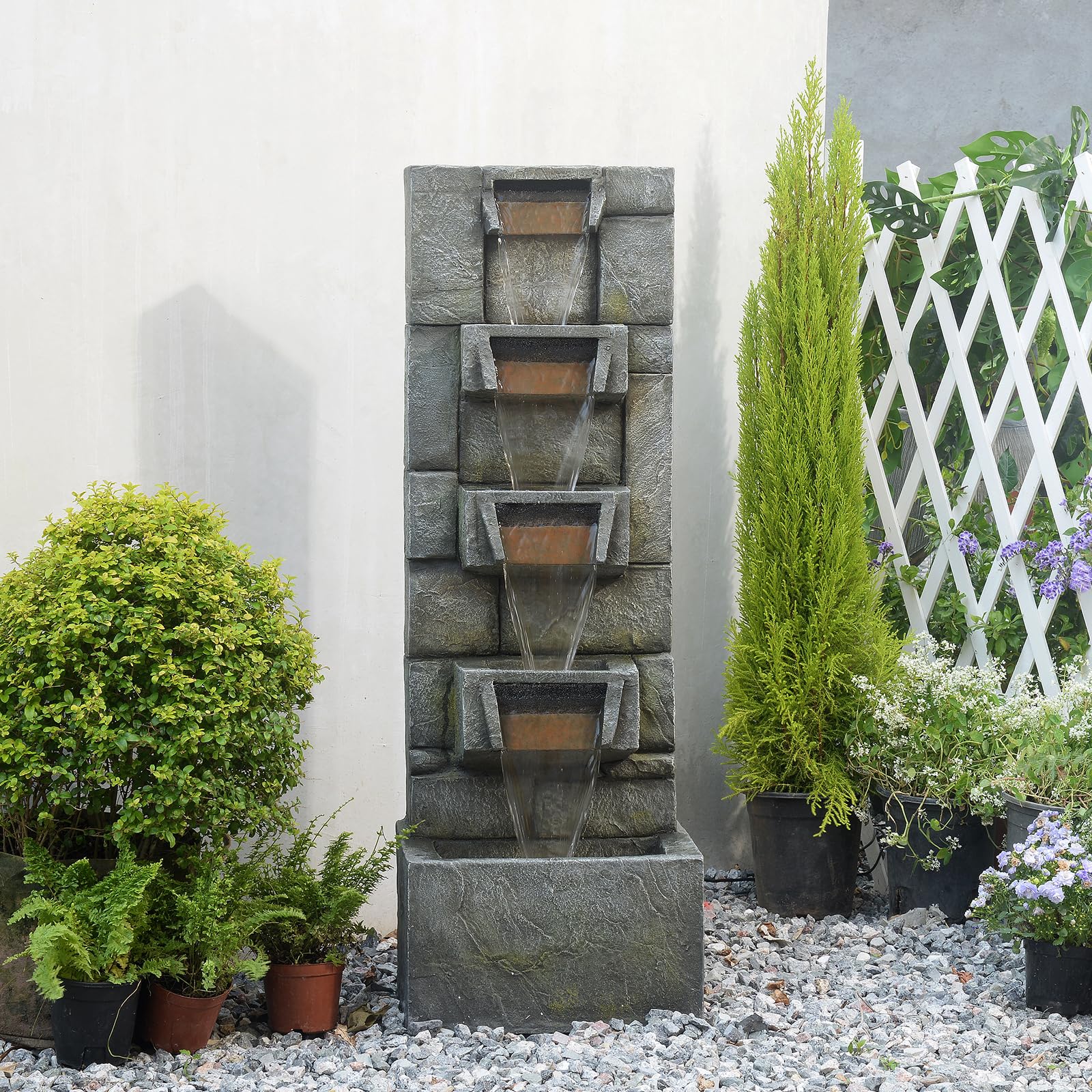 41" Tall Outdoor Water Fountain – Modern Cascading Waterfall with Lights, 4-Tier Outdoor