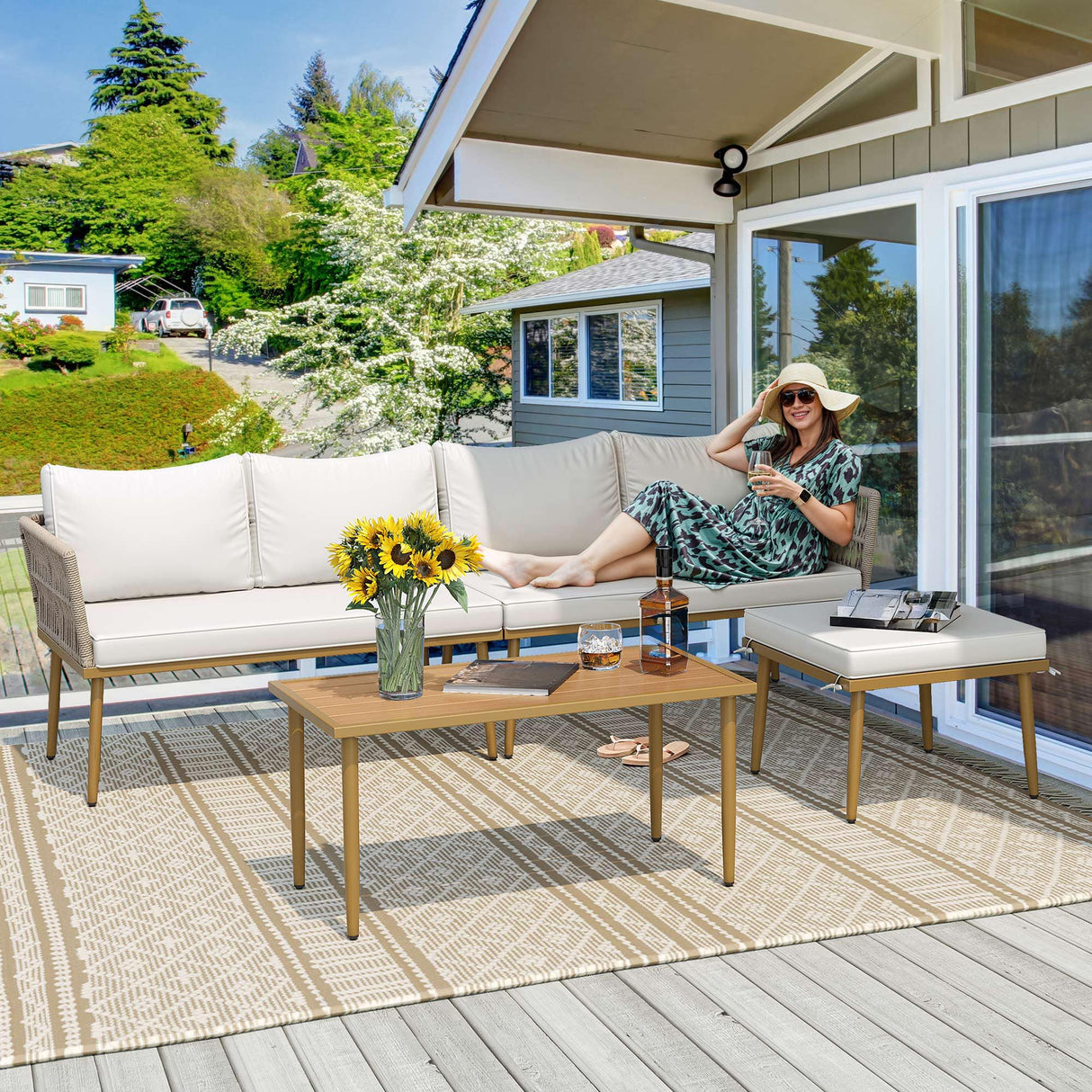 Patio Furniture Set, 6 Pieces Outdoor Rattan Woven Sectional Sofa Patio Loveseat