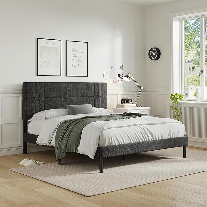 Queen Size Upholstered Bed Frame with Adjustable Headboard and Sturdy Wooden Slats,