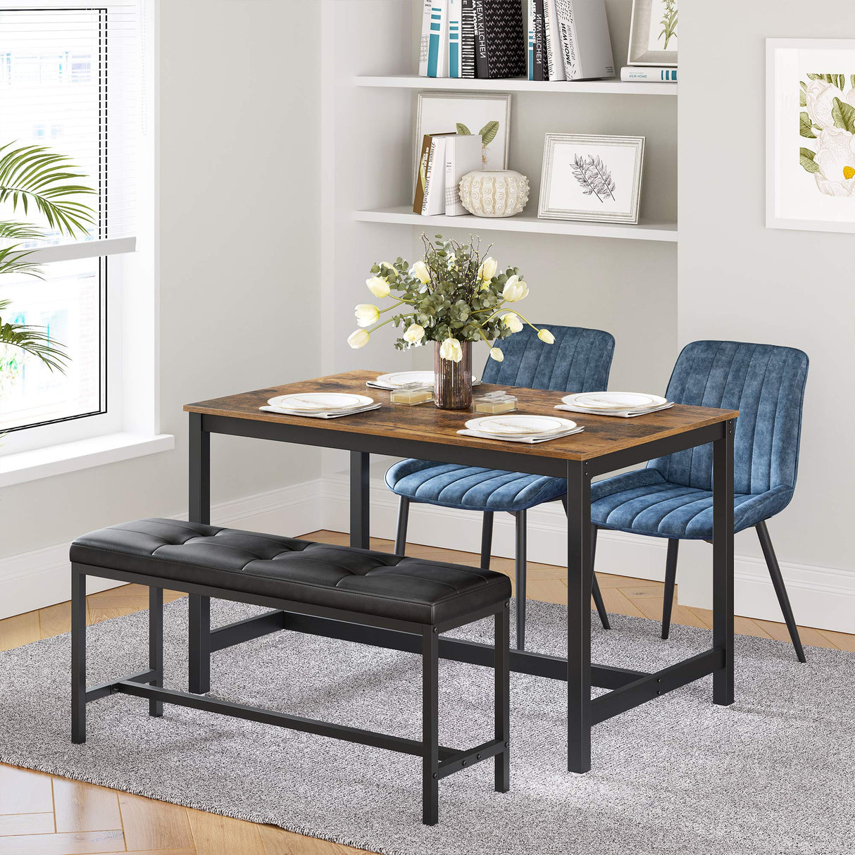 Dining Table Bench, Ottoman Bench with PU Leather Padded Seat, Steel Frame