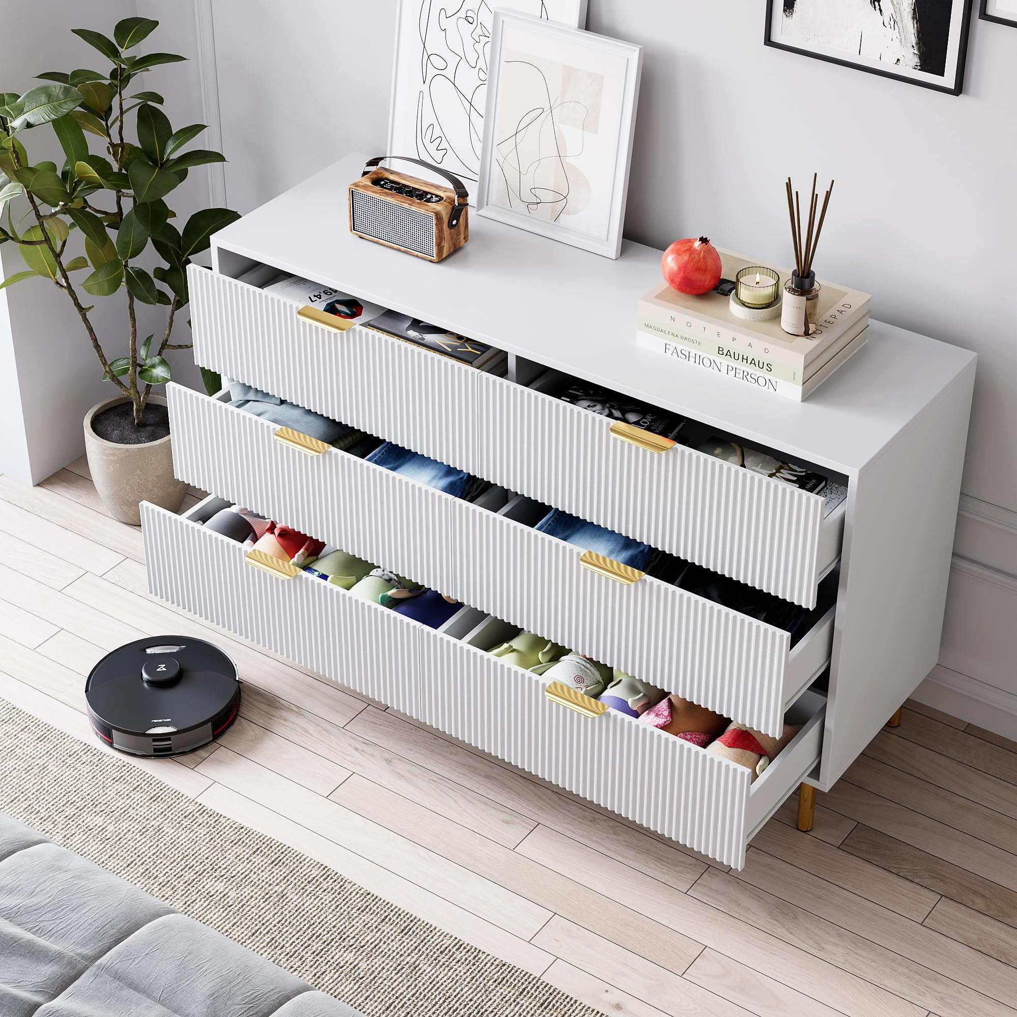 White 6 Drawer Dresser for Bedroom, 56” Wide Wood Dresser