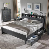 Fluted Panel Queen Bed Frame with Bookcase Headboard & Charging Station