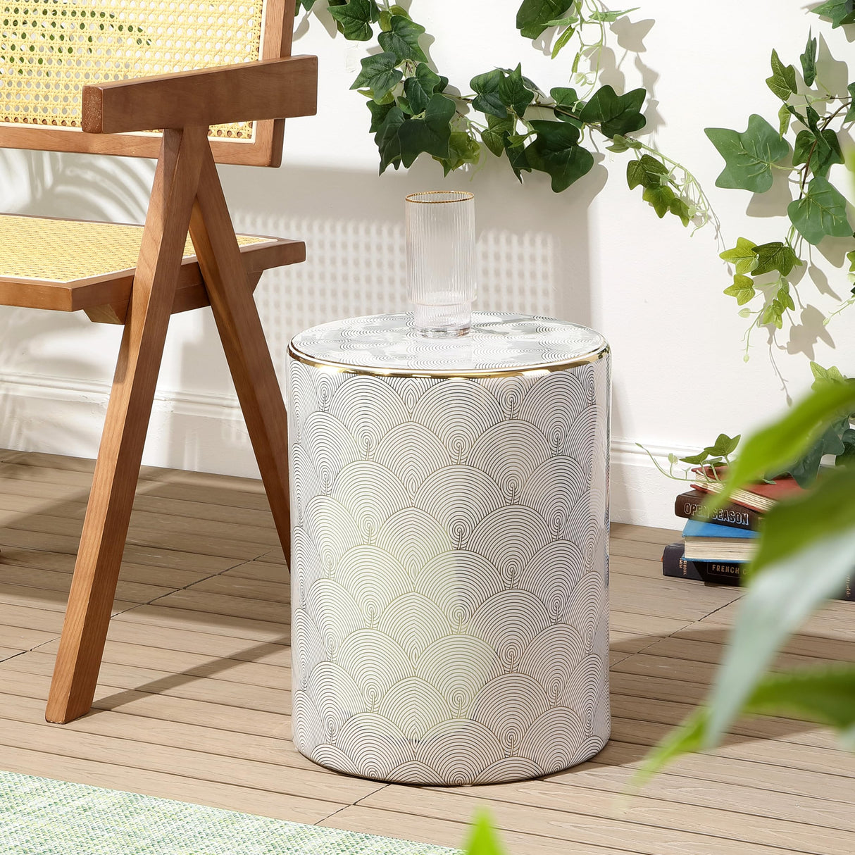 TBL1001A Fish Scale 17" Modern Ceramic Garden Stool, Coastal, Contemporary, Transitional,