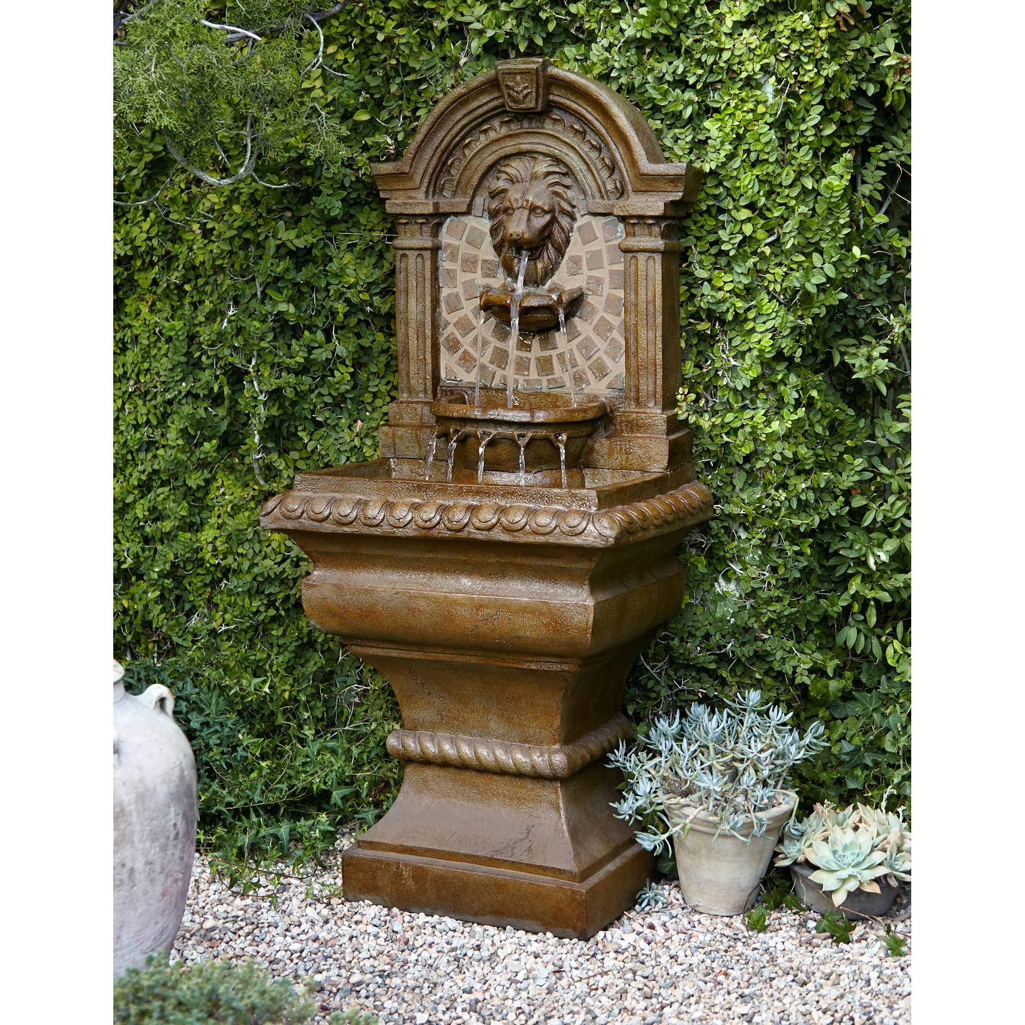 Royal Lions Head Mediterranean Outdoor 3 Tiered Wall Water Fountain 51" High