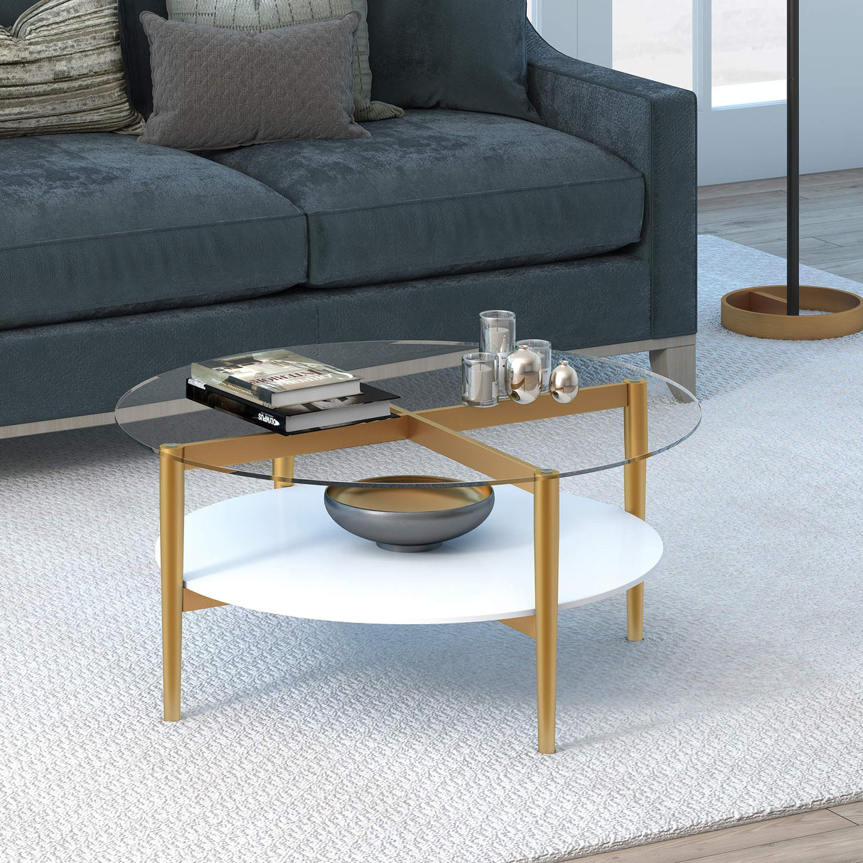 Otto 36'' Wide Round Coffee Table with MDF Shelf in Brass/White Lacquer