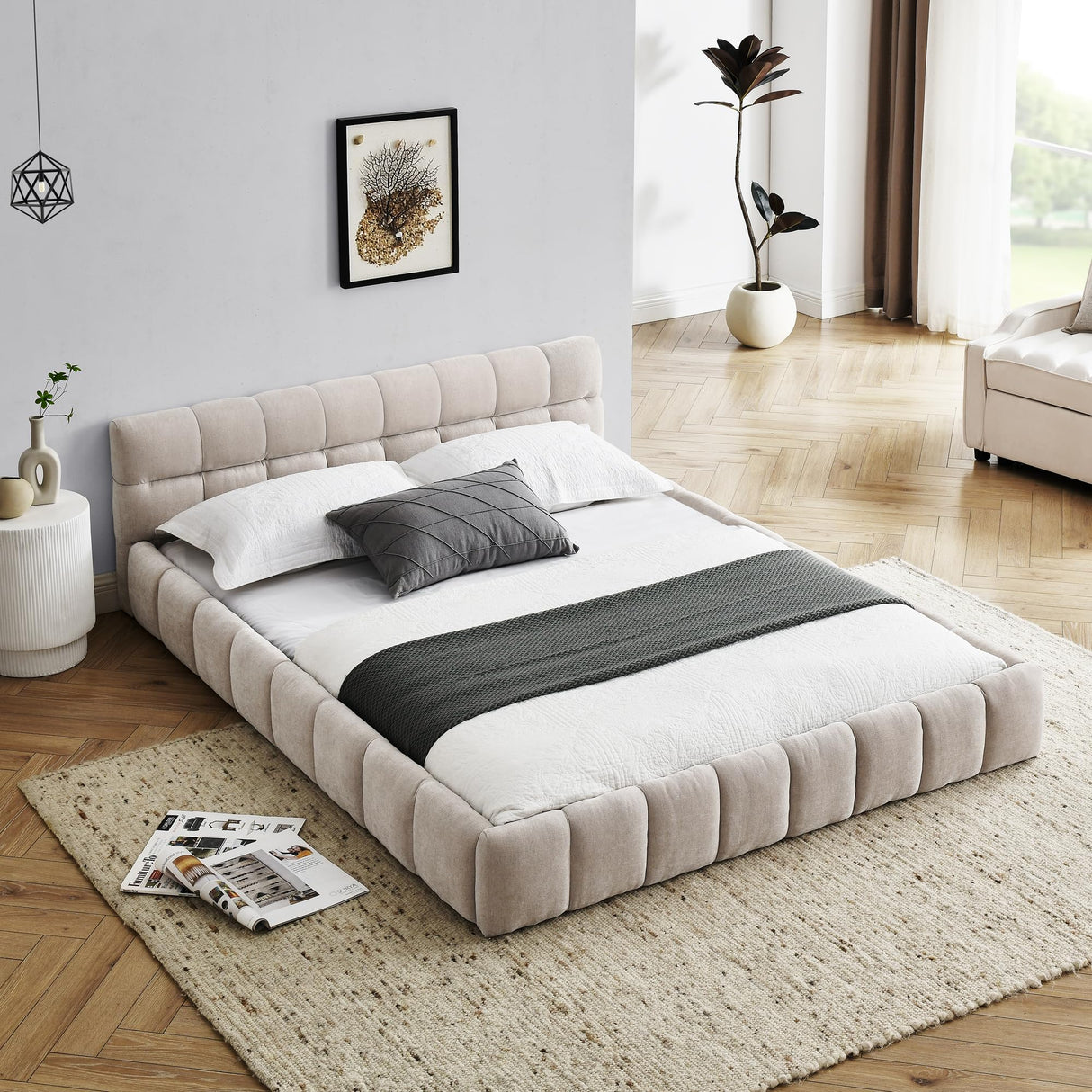 Queen Size Bed Frame, Chenille Upholstered Platform Bed with Cloud Soft Headboard