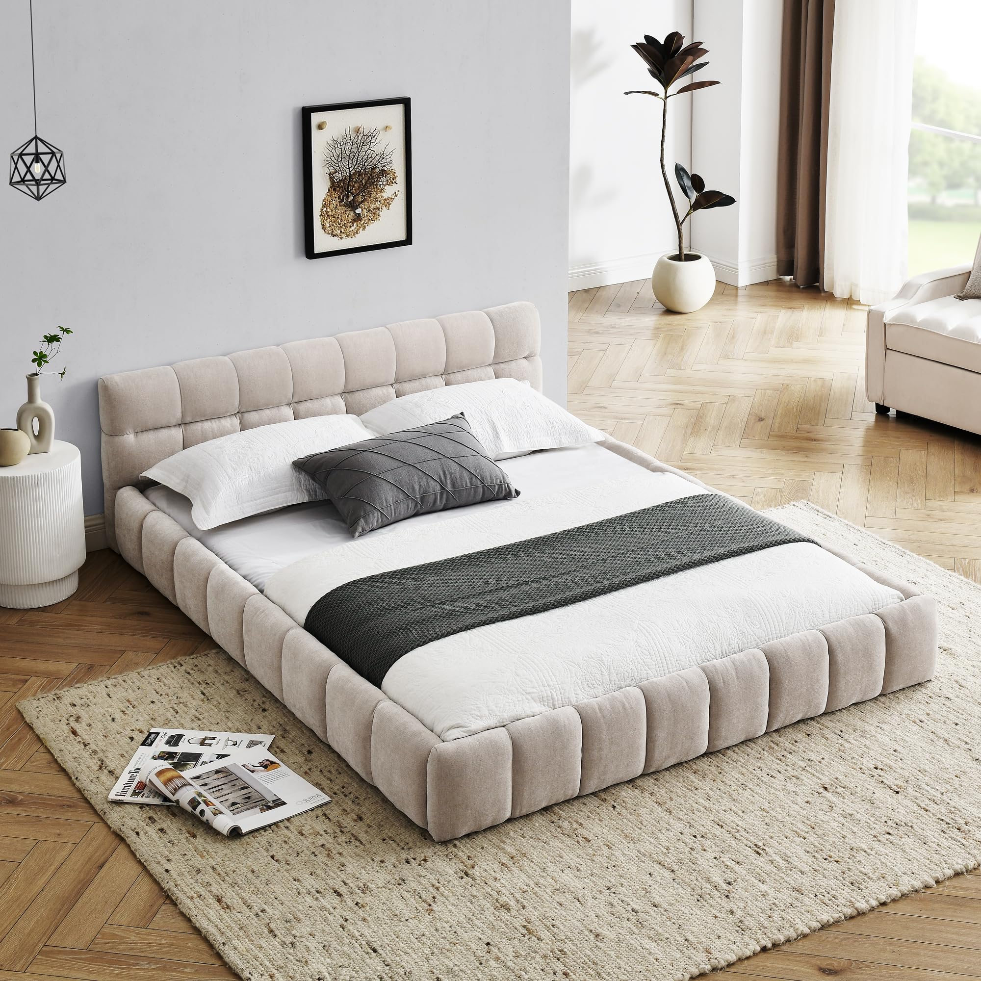 Queen Size Bed Frame, Chenille Upholstered Platform Bed