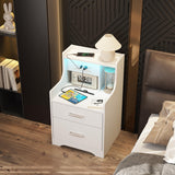 Nightstand with Charging Station & LED Lights, White Nightstand with 2 Drawers and Open Storage