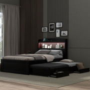 Merax Wood Platform Bed with Storage LED Headboard and USB Charging Station, Twin XL Size Bedframe with Twin Trundle Bed and 2 Drawers, Solid Wooden Slats Support, Easy Assembly, Dark Brown