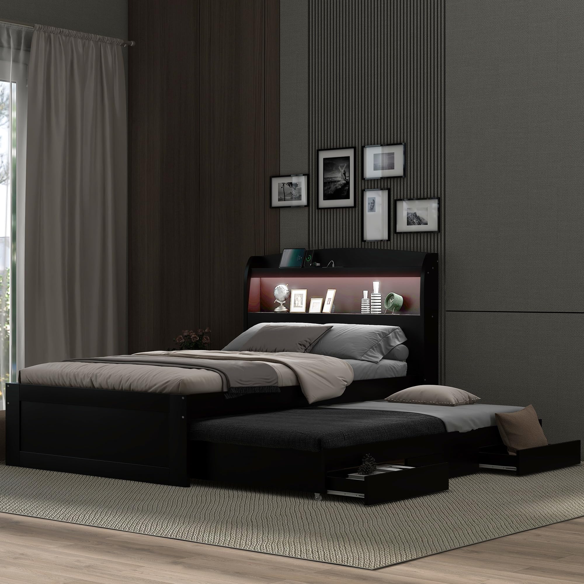 Merax Wood Platform Bed with Storage LED Headboard and USB Charging Station, Twin XL Size Bedframe with Twin Trundle Bed and 2 Drawers, Solid Wooden Slats Support, Easy Assembly, Dark Brown