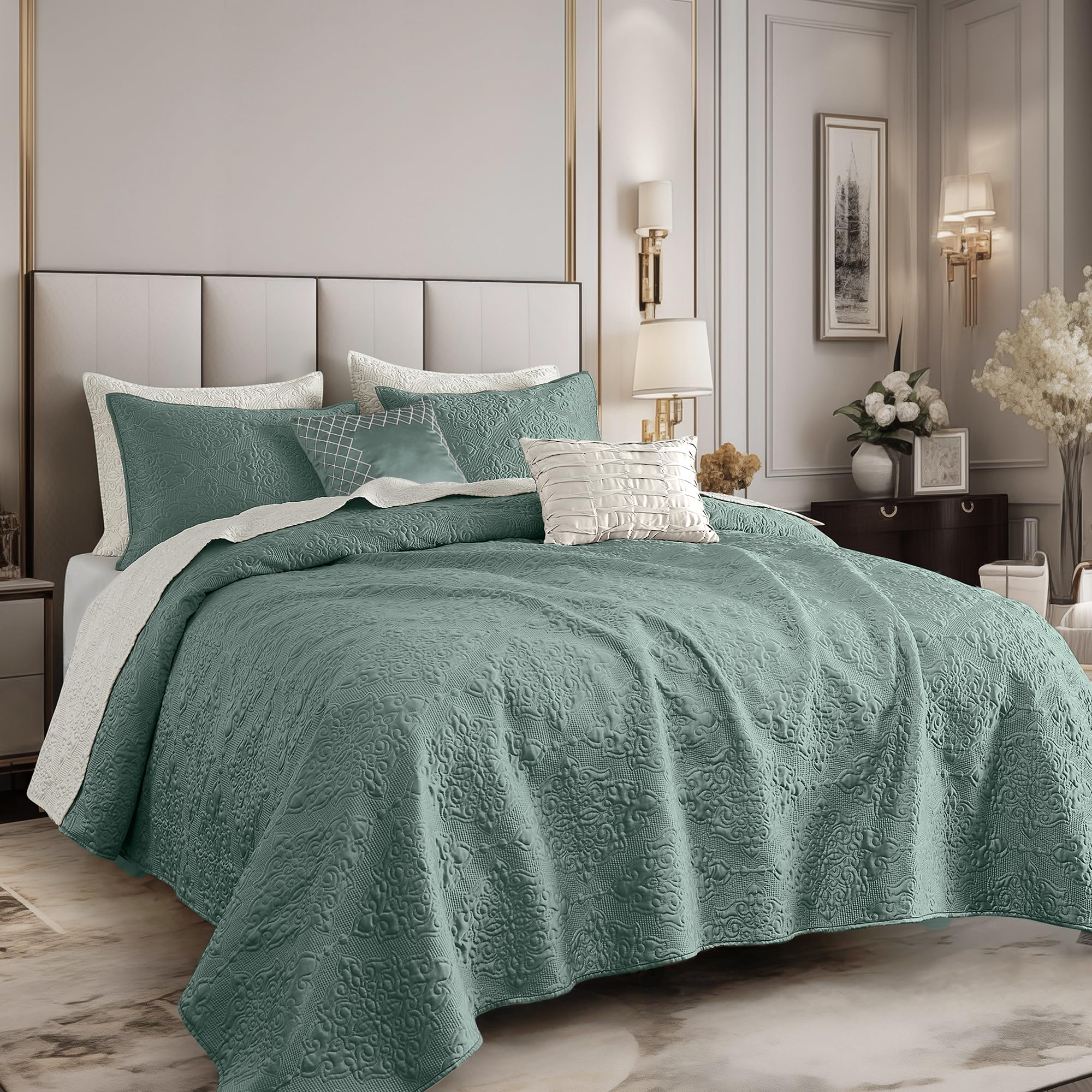 Silky Satin Quilt Set 5 Pcs King Cooling Comforter Lightweight Summer Bedding
