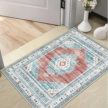 Area Rug 8x10 Large Rug: Washable Non-Slip Rugs Chenille Print Rug Soft Low-Pile Indoor Vintage Carpet for Living Room Bedroom Dining Table Kitchen Home Office(Blue, 8'x10')