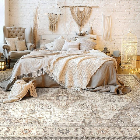 Washable Area Rugs for Living Room - 9x12 Neutral Vintage Distressed Floral Farmhouse