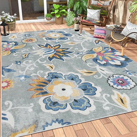 Floral Indoor Outdoor Rugs, 6x9ft Non Slip Outdoor Patio Rug for Balcony Deck, Soft