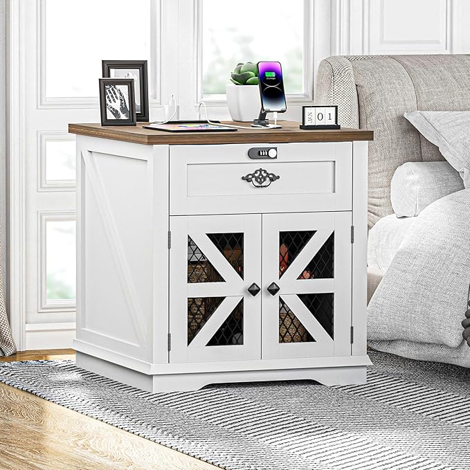 Farmhouse Nightstand End Table with Charging Station, 24" Side Table