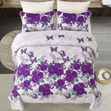 Floral Quilt Set Queen Size Elegant Purple Rose Bedding Bedspreads 3 Pieces