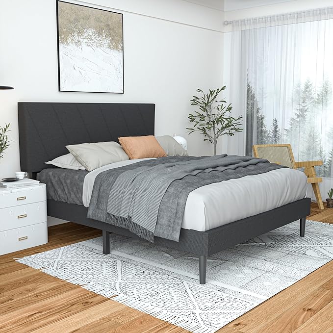 Queen Size Upholstered Bed Frame with Adjustable Headboard and Sturdy Wooden Slats,