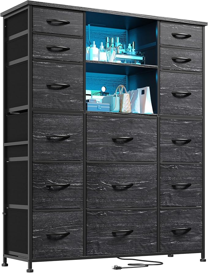 15 Drawer Dresser for Bedroom with Hutch 51" H Tall Dressers with Charging Station & LED