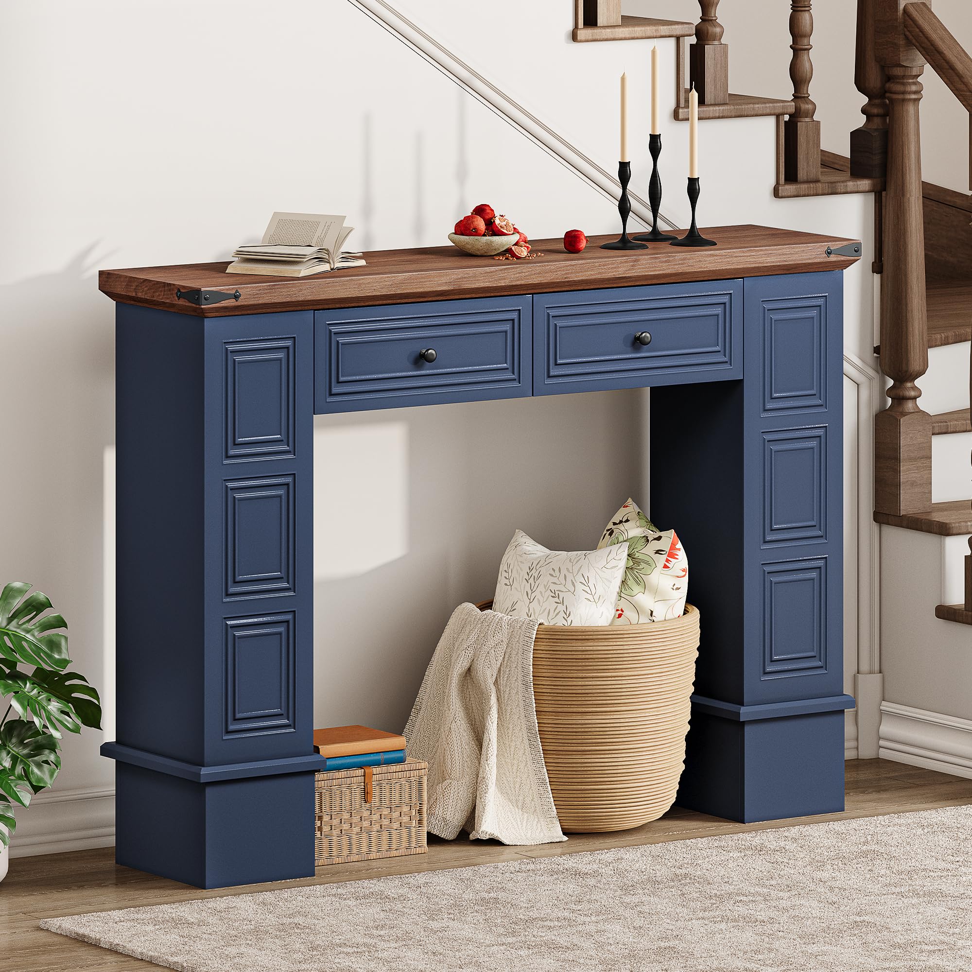 Farmhouse Console Table with Storage - Navy Blue & Walnut