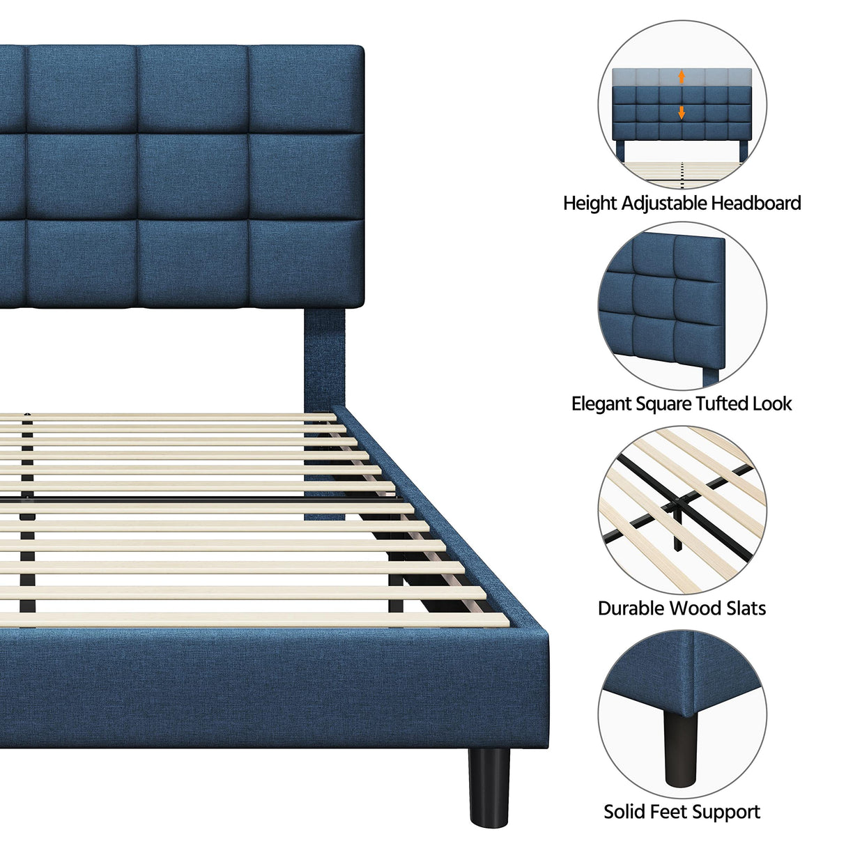 Full Upholstered Platform Bed Frame, Mattress Foundation with Height Adjustable Tufted