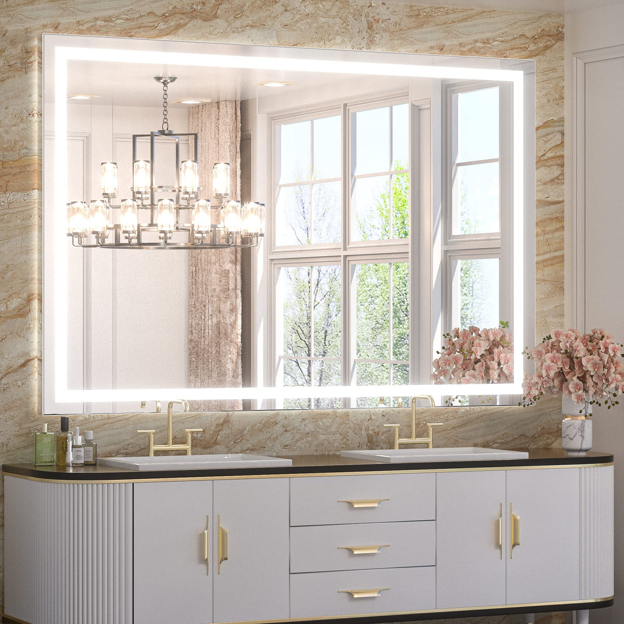 LED Bathroom Mirror Bathroom Mirror with Lights 48 x 36 Dimmable Anti-Fog Wall Mounted Lighted Vanity