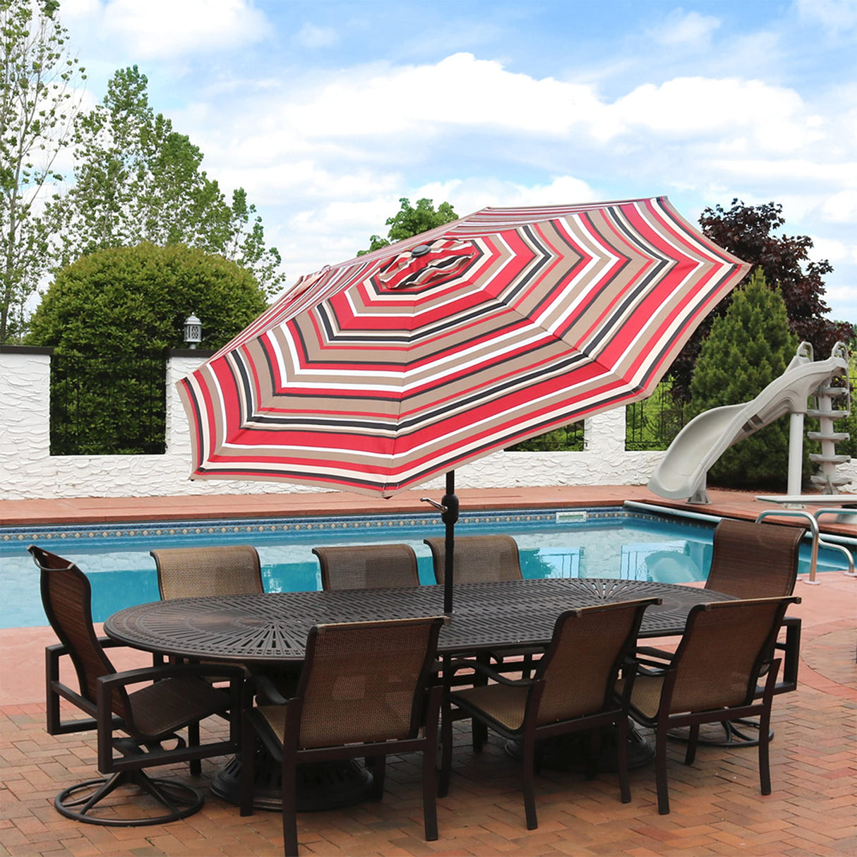 9 ft Striped Patio Umbrella - Polyester Table Market Umbrella with Push-Button Tilt and Crank