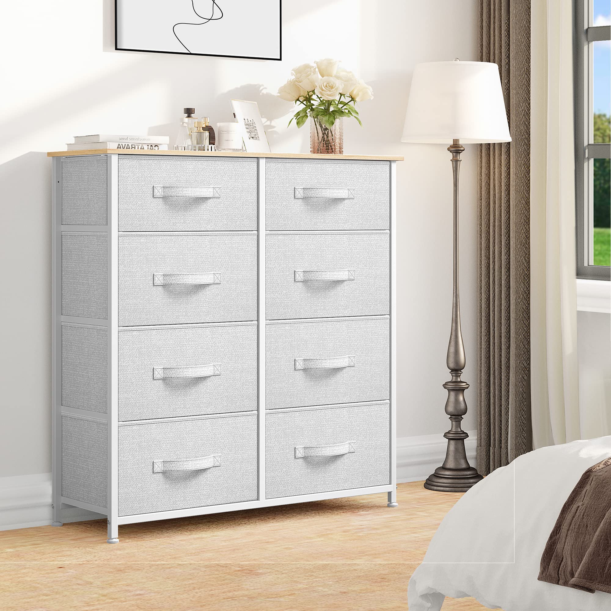 Bedroom, Tall Dresser with 8 Drawers, Storage Tower with Fabric Bins, Chest of Drawers