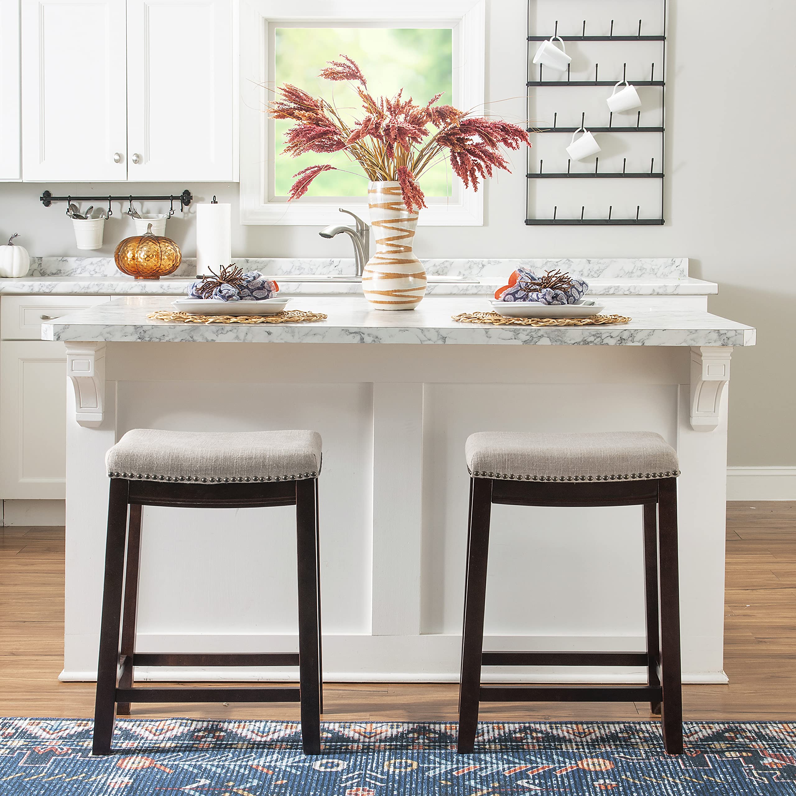 Linen Backless Claridge Stool, Counter Height, Beige & Dark Walnut