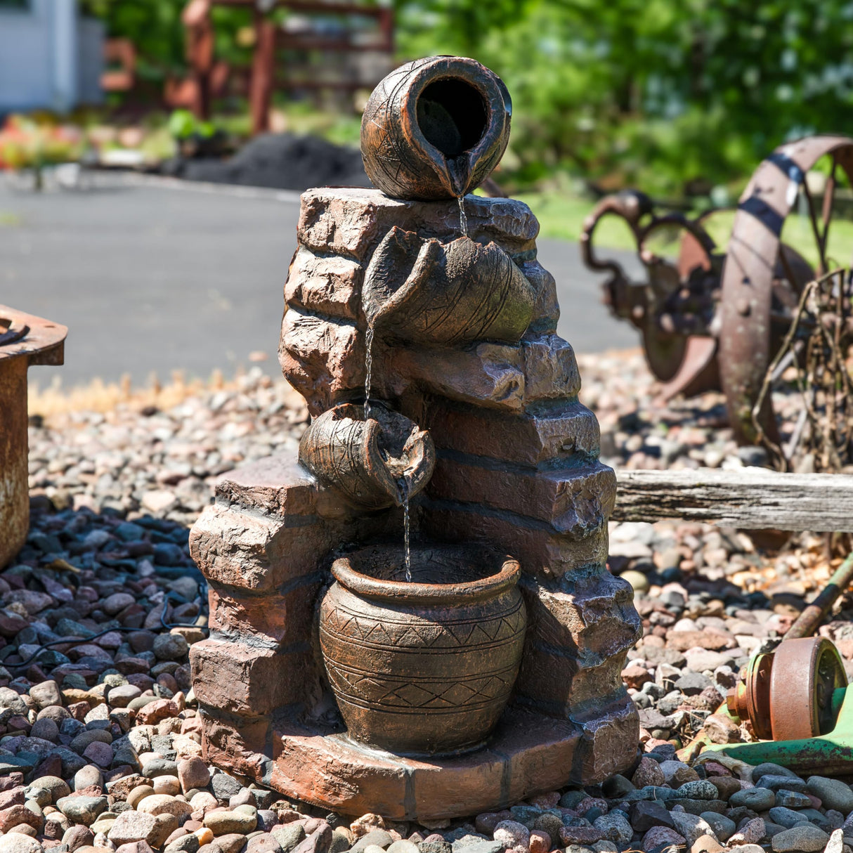 Crumbling Bricks and Pots 27-Inch Solar Fountain with LED Lights and Battery-Powered