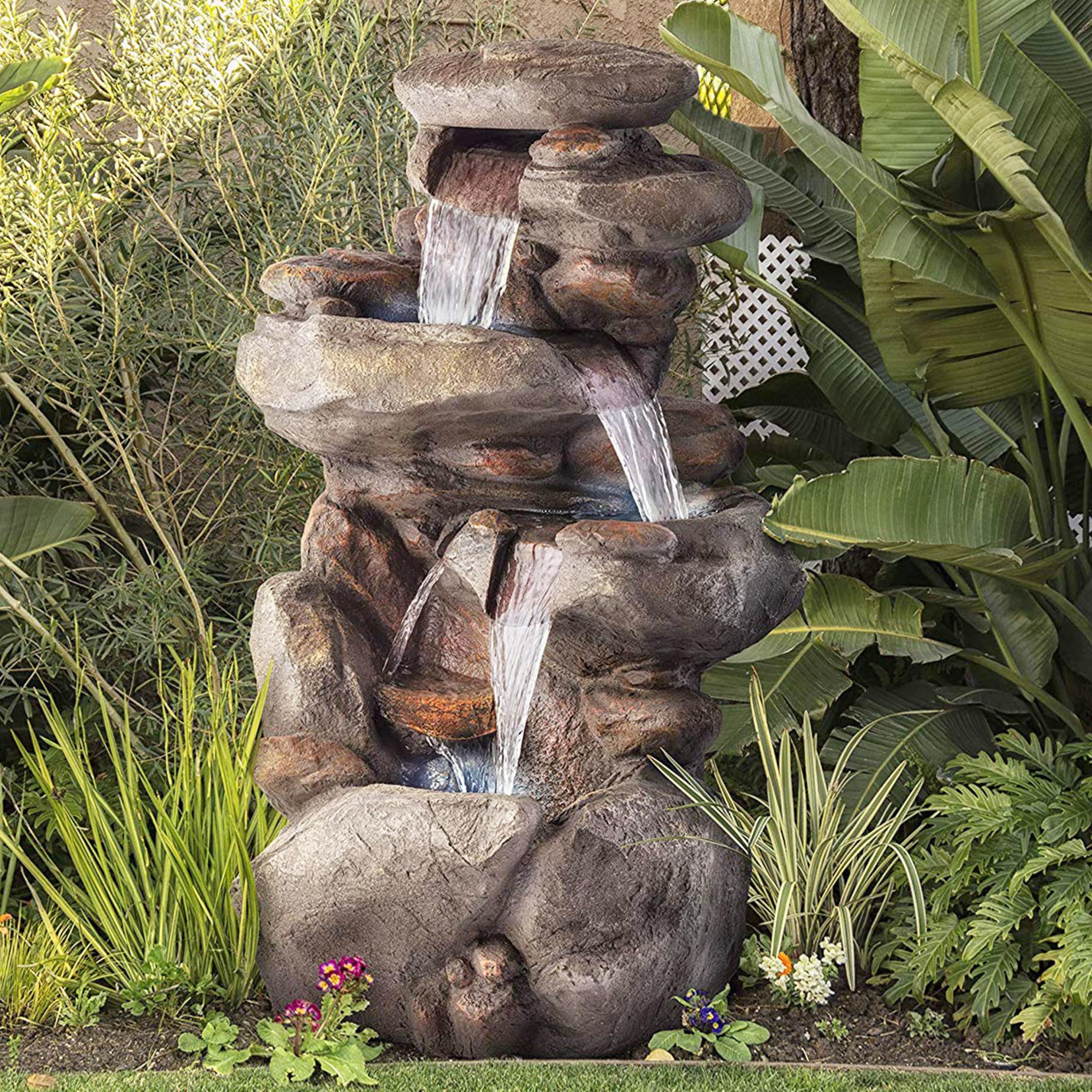 WIN316 Outdoor Floor 4 Tiered Rock Water Fountain for Garden, Patio, Yard with Natural