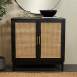 Wood Room Cabinet 1 Shelf and 2 Door Storage Cabinet with Cane Front Doors and Gold Handles,