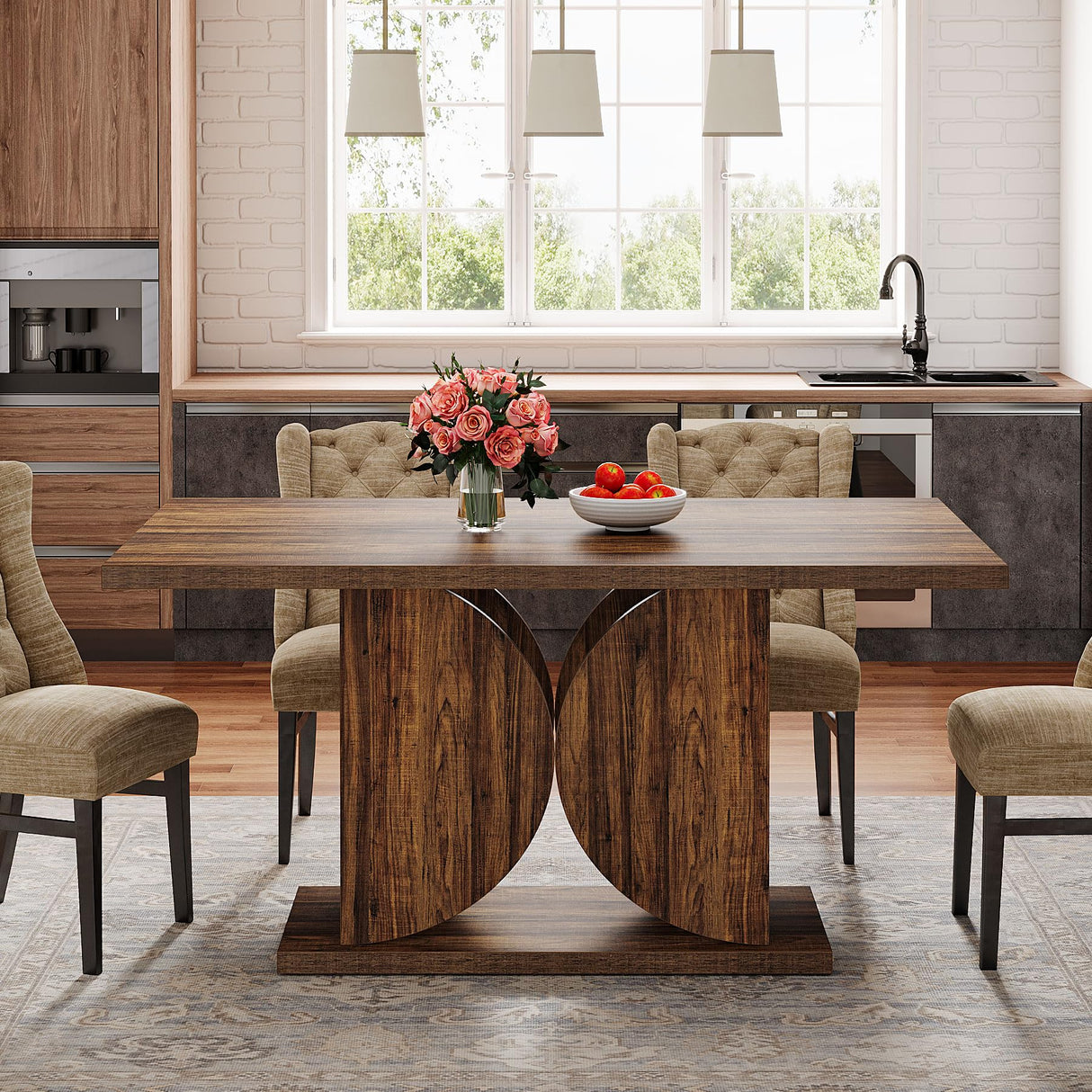 Tribesigns Farmhouse Dining Table for 4-6, 55.12" Rectangle Kitchen Table, Wood Dining Room Table with Dual Semi-Circle Pedestal Base, Dark Brown Dinner Table for Dining Room, Kitchen (Table Only)